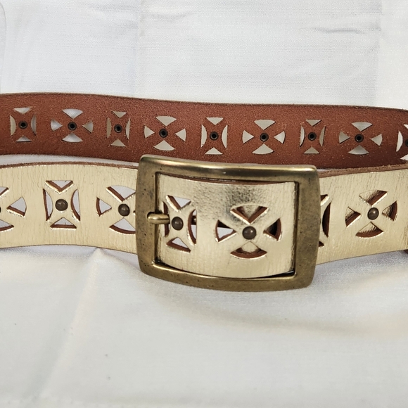 Vintage Boho Leather Gold and Brass Belt L - Picture 2 of 5